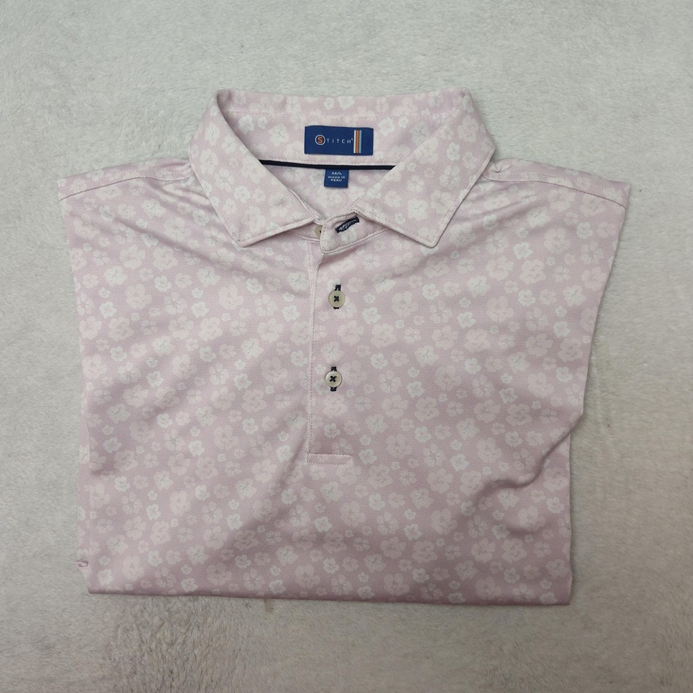 Stitch Polo Shirt Mens M/L Pink Floral Golf Performance Moisture Wicking Work